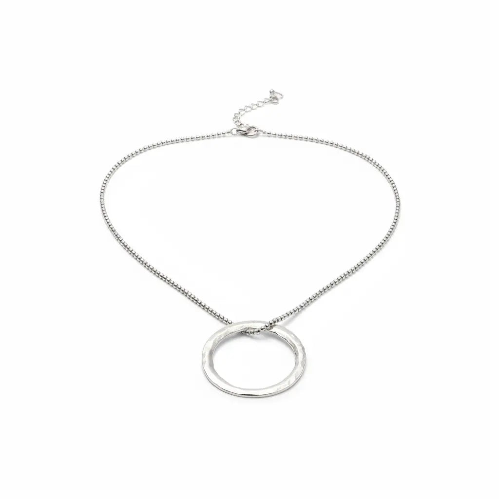 Silver plated open ring necklace by Suzie Blue Canada featuring an elegant, minimalist jewelry design.