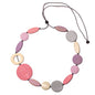 Long wooden necklace with mixed shape beads, unique design by Suzie Blue Canada, featuring natural wood tones and artistic craftsmanship.