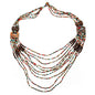 Long multi-strand necklace with wood accents by Suzie Blue Canada, featuring layered strands and natural wooden details.