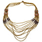 Long multi-strand necklace with wood detail by Suzie Blue Canada, featuring layered chains and natural wood accents.