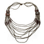 Long multi-strand necklace with wood accents, designed by Suzie Blue Canada, featuring layered strands and natural wood details.