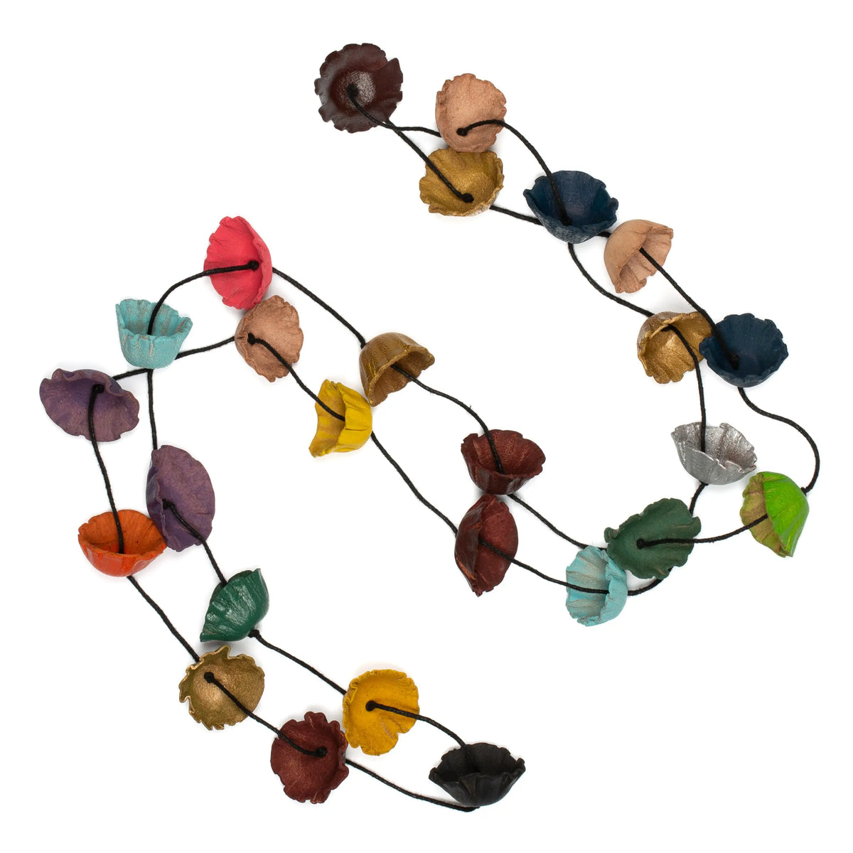 Long leather cup necklace by Suzie Blue Canada featuring a sleek leather cord with hanging metal cups.