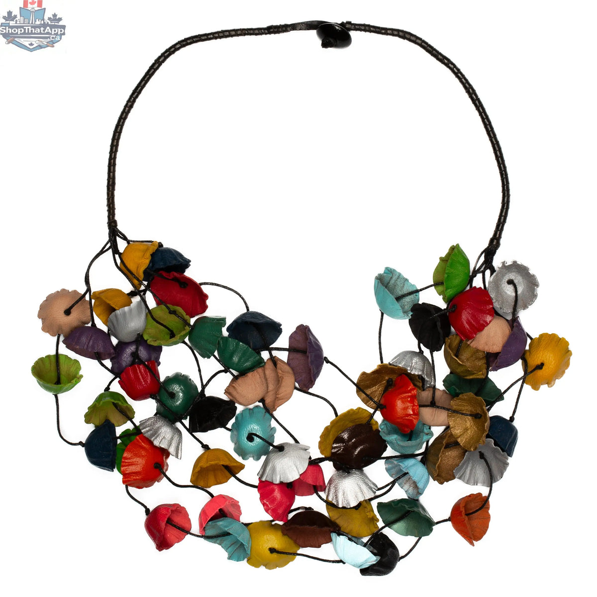Long leather cup necklace with multiple strands by Suzie Blue Canada, featuring a stylish, layered design in soft leather.