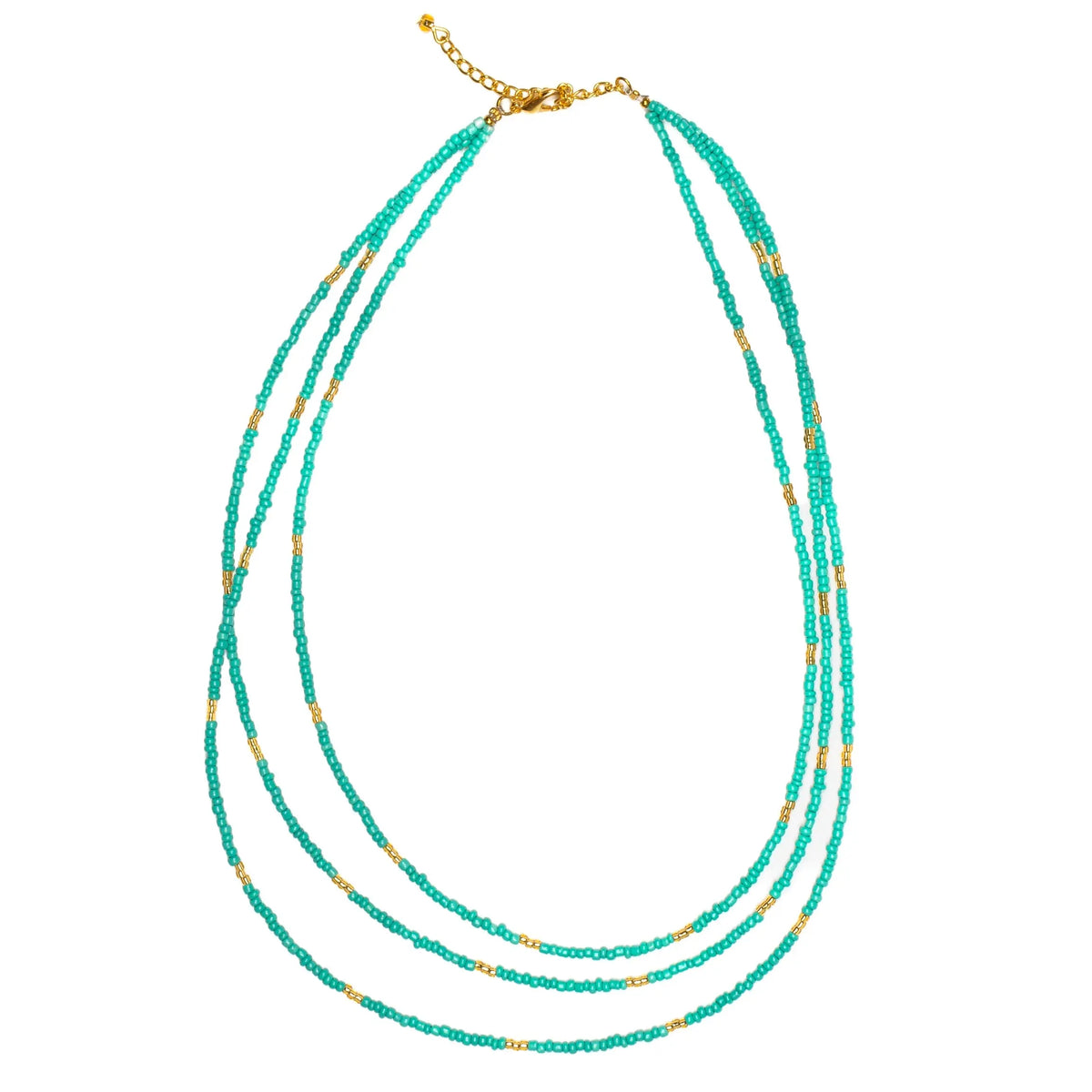 Triple strand seed bead necklace with gold accents by Suzie Blue Canada, featuring colorful seed beads and elegant gold details.