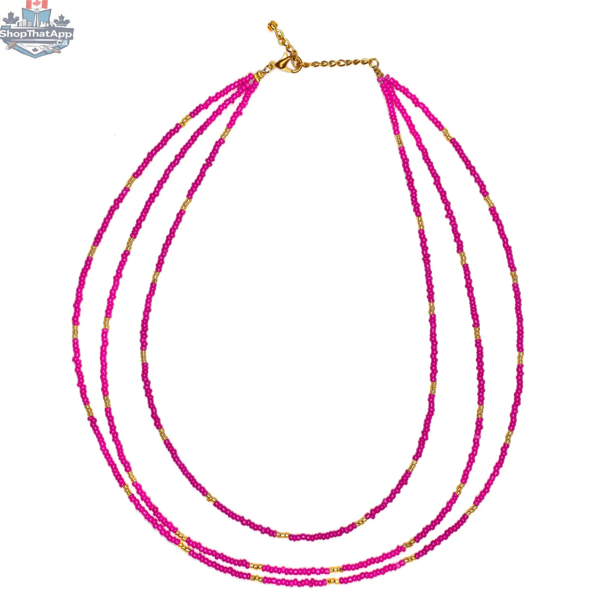 Triple strand seed bead necklace with gold accents by Suzie Blue Canada, featuring colorful seed beads and gold detailing.