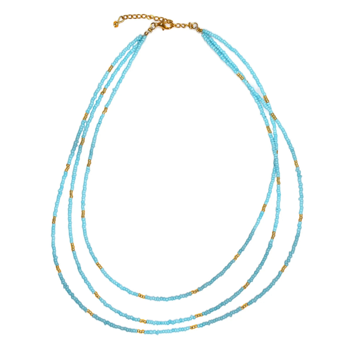 Triple strand seed bead necklace with gold accents by Suzie Blue Canada, featuring colorful seed beads and elegant gold details.