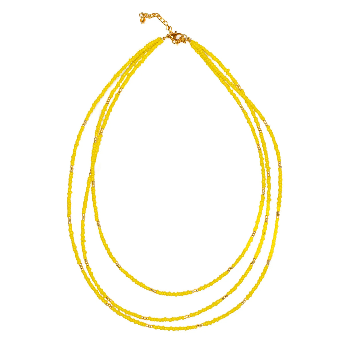 Triple strand seed bead necklace with gold accents by Suzie Blue Canada, featuring colorful beads and elegant design.