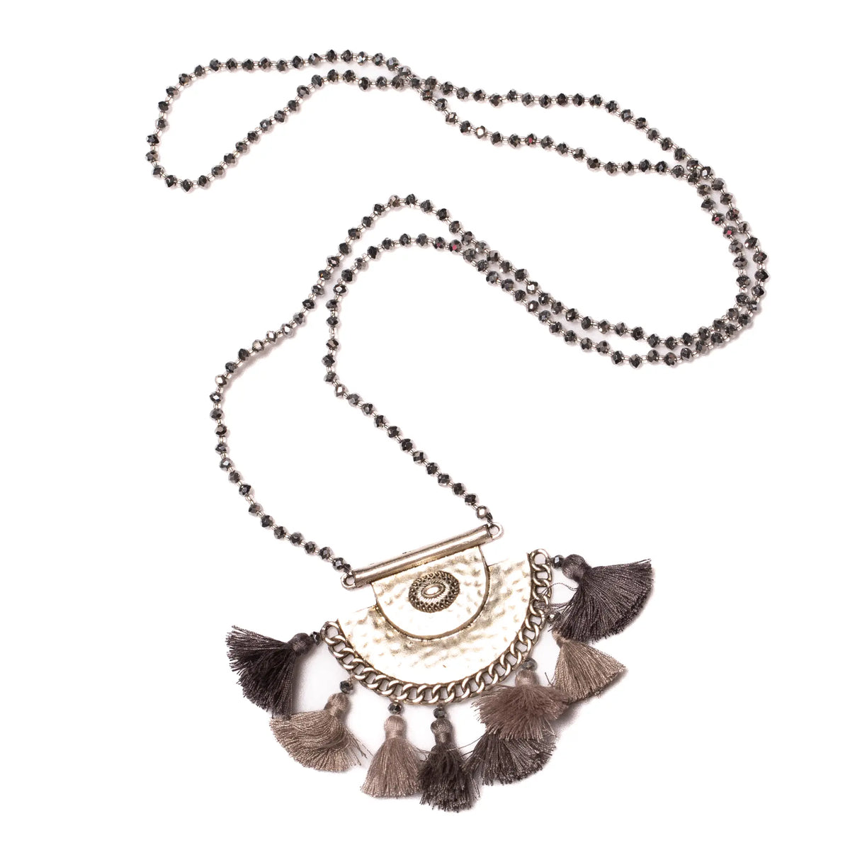 Long crystal necklace with hammered metal pendant, featuring a sleek design from Suzie Blue Canada.