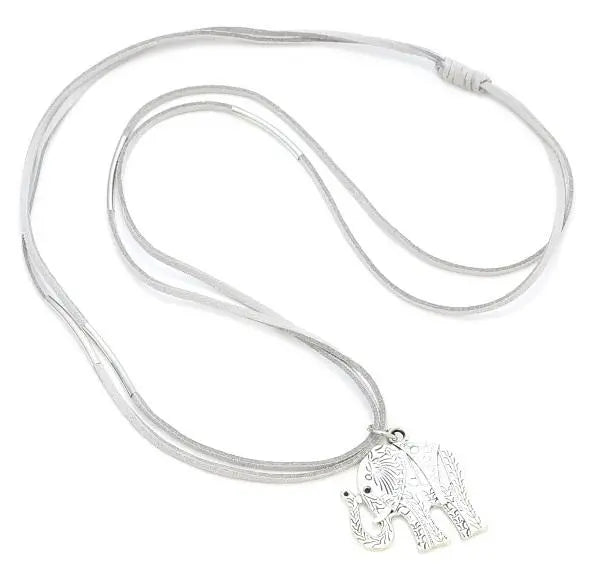 Suede elephant pendant necklace by Suzie Blue Canada featuring a stylish, textured elephant charm on a delicate chain.