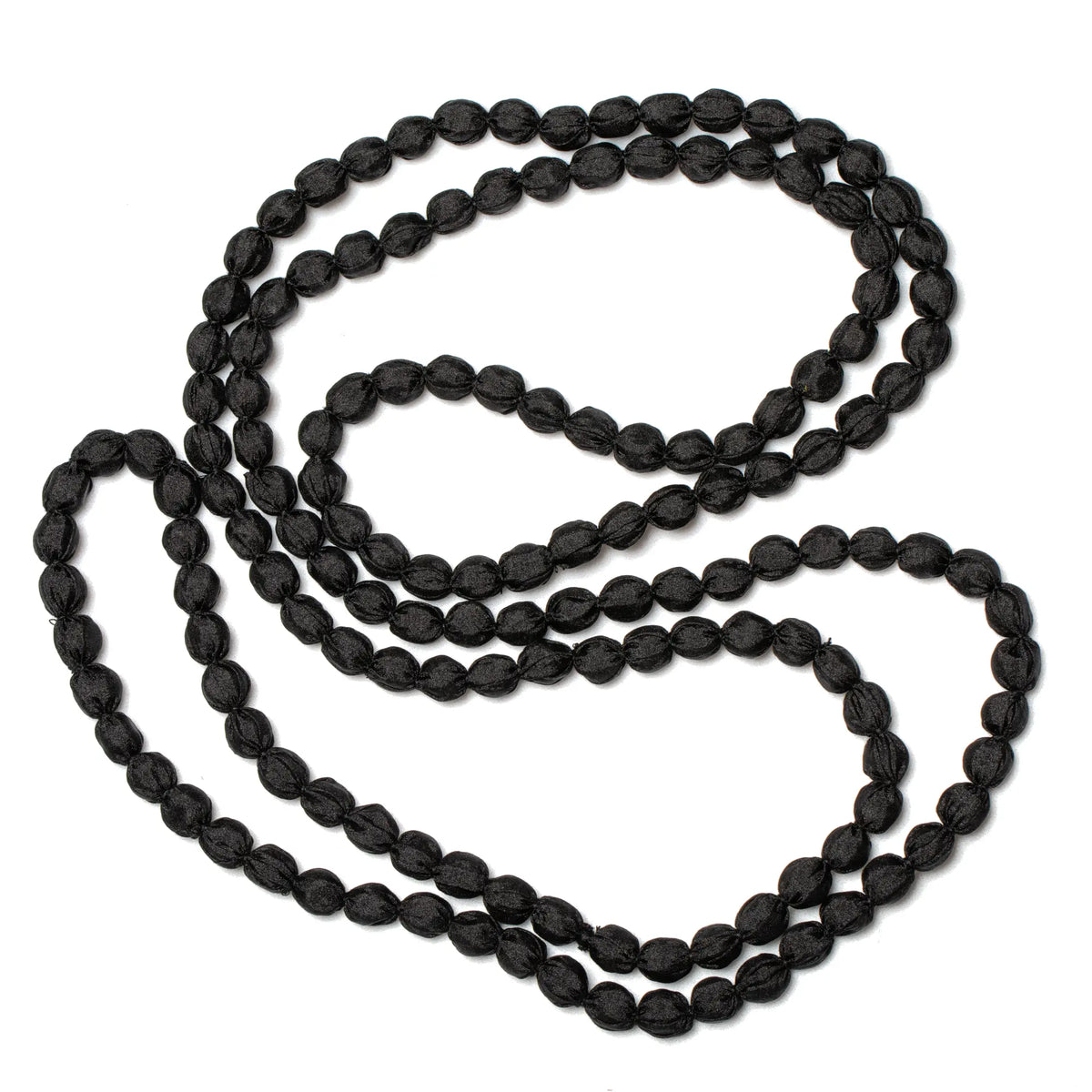 Extra long fabric ball necklace by Suzie Blue Canada featuring colorful fabric-covered beads on a long chain.