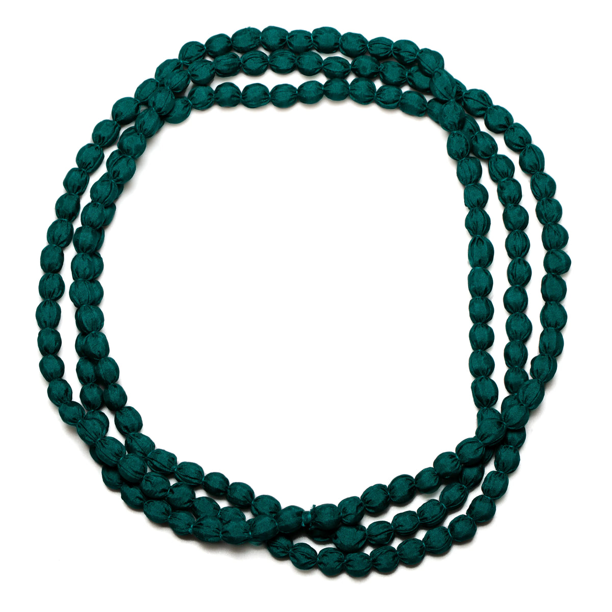 Extra long fabric ball necklace by Suzie Blue Canada featuring colorful fabric-covered beads on a long chain.
