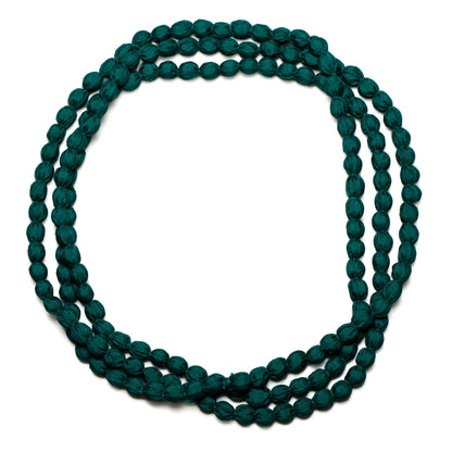 Extra long fabric ball necklace by Suzie Blue Canada featuring colorful fabric-covered beads on a long chain.