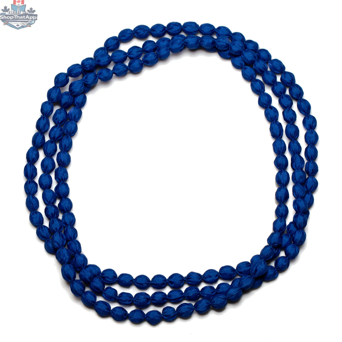 Suzie Blue Canada extra long fabric ball necklace with colorful fabric-covered beads and silver chain detail.