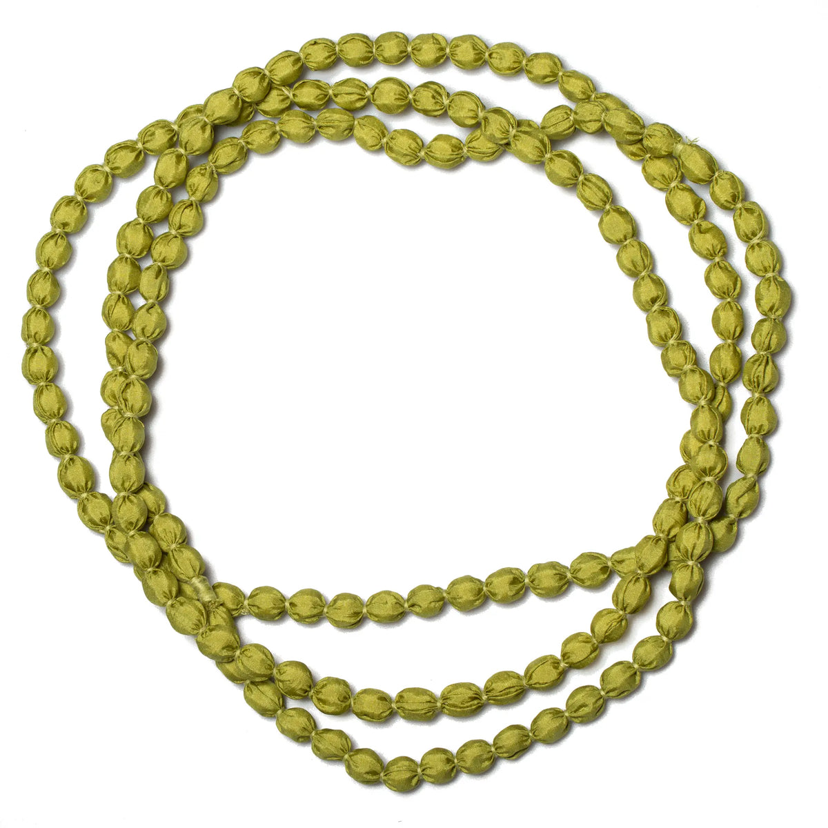 Extra long fabric ball necklace by Suzie Blue Canada featuring colorful fabric-covered orbs on a long chain.