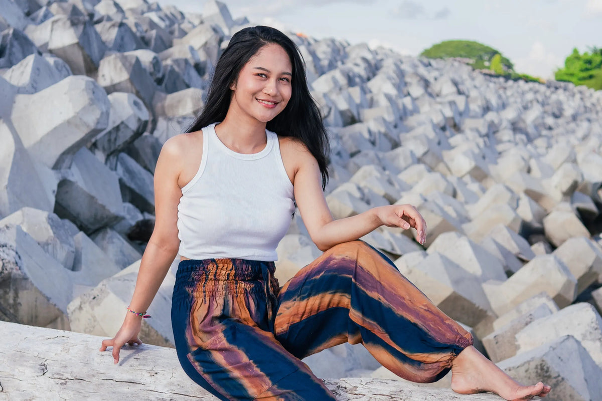 Navy gold tie dye pants by Suzie Blue Canada in abstract Bali style, featuring comfortable relaxed fit and vibrant pattern.