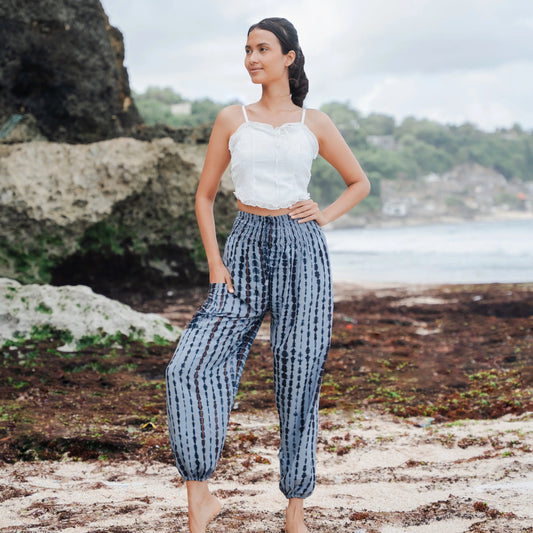 Gray Simple Bone Tie Dye Bali Pants by Suzie Blue Canada, relaxed fit with tie-dye pattern, lightweight and comfortable for casual wear.