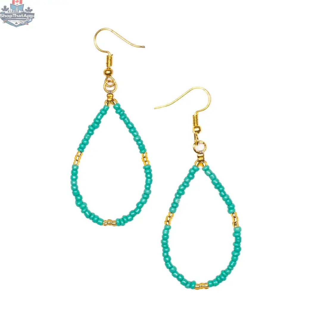 Tear drop seed bead earrings with gold accents, featuring a chic design by Suzie Blue Canada.