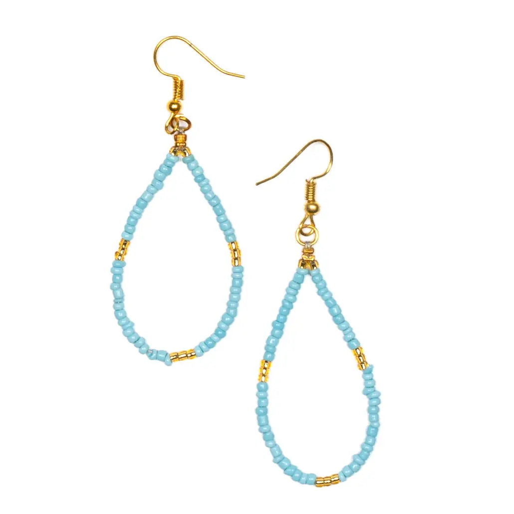 Tear drop seed bead earrings with gold accents by Suzie Blue Canada, featuring elegant seed bead design and gold details.