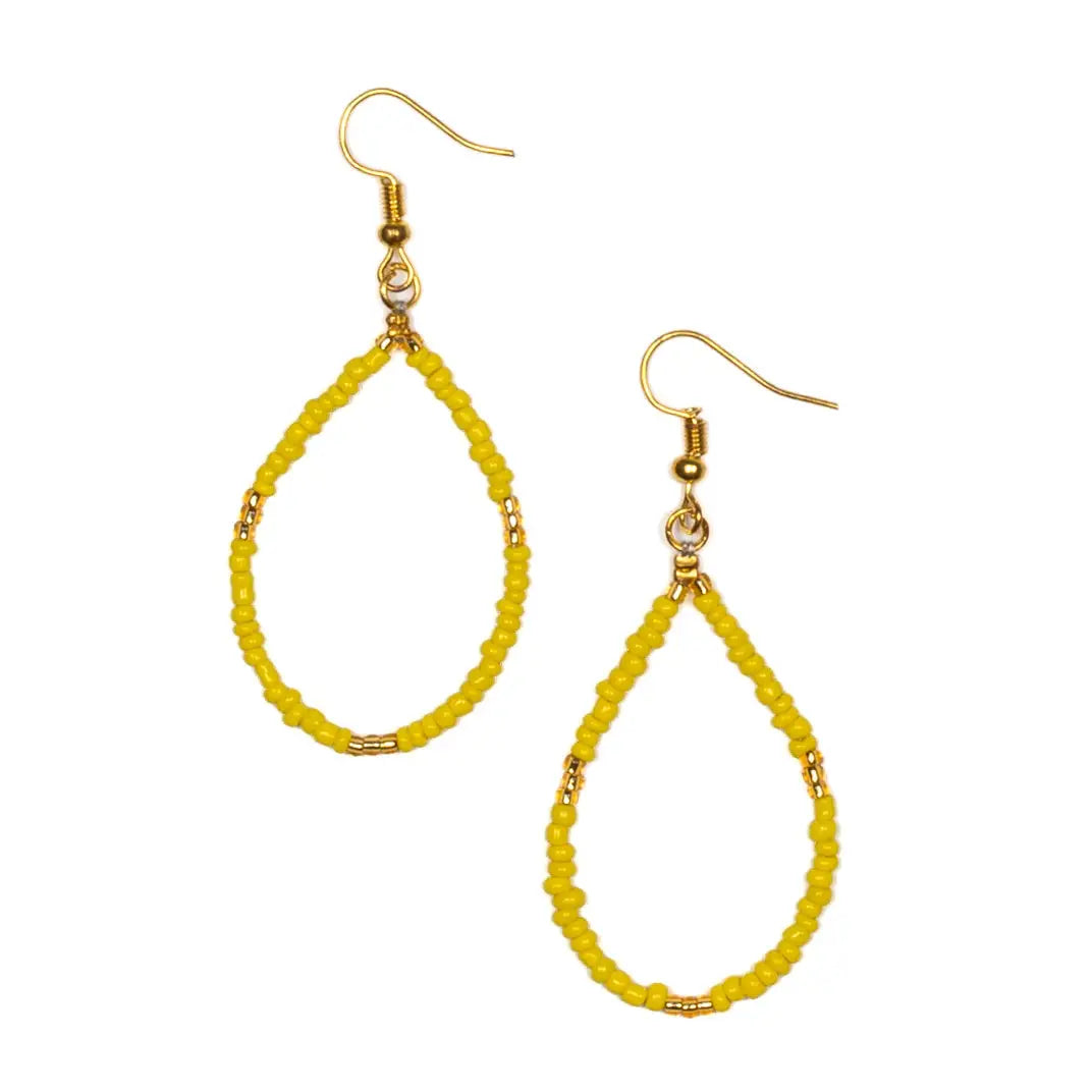 Tear drop seed bead earrings with gold accents by Suzie Blue Canada featuring a chic, elegant design.