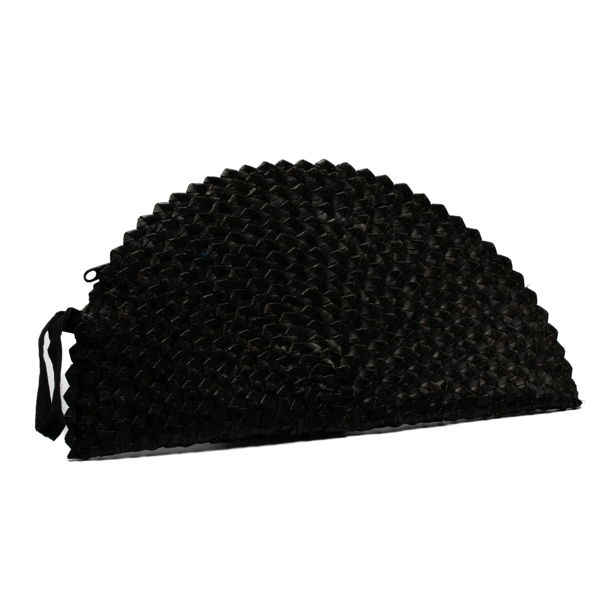 Black pandan leaf clutch purse with a half moon design by Suzie Blue Canada, featuring a sleek and stylish accessory for evening wear.