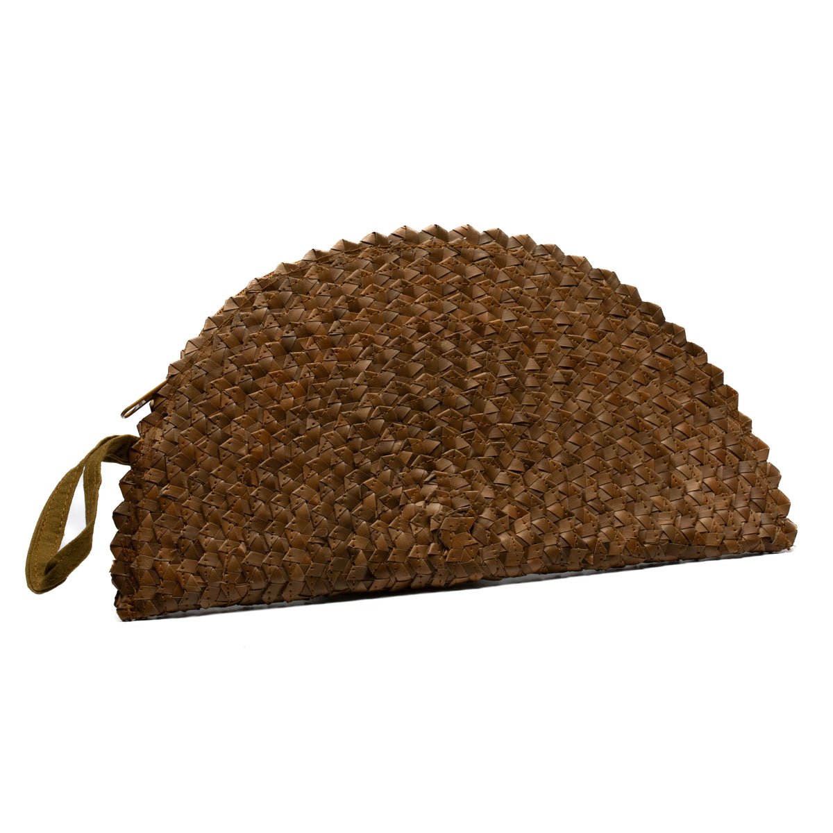 Pandan leaf brown clutch purse with half moon design by Suzie Blue Canada, eco-friendly fashion accessory.