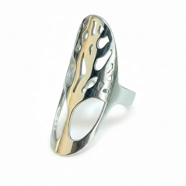 Oval tree-shaped stainless steel ring by Suzie Blue Canada, featuring a grey finish, ideal for contemporary home decor.