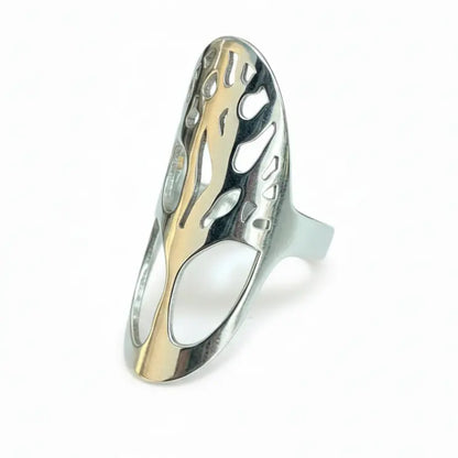 Oval tree-shaped stainless steel ring by Suzie Blue Canada, featuring a grey finish, ideal for contemporary home decor.