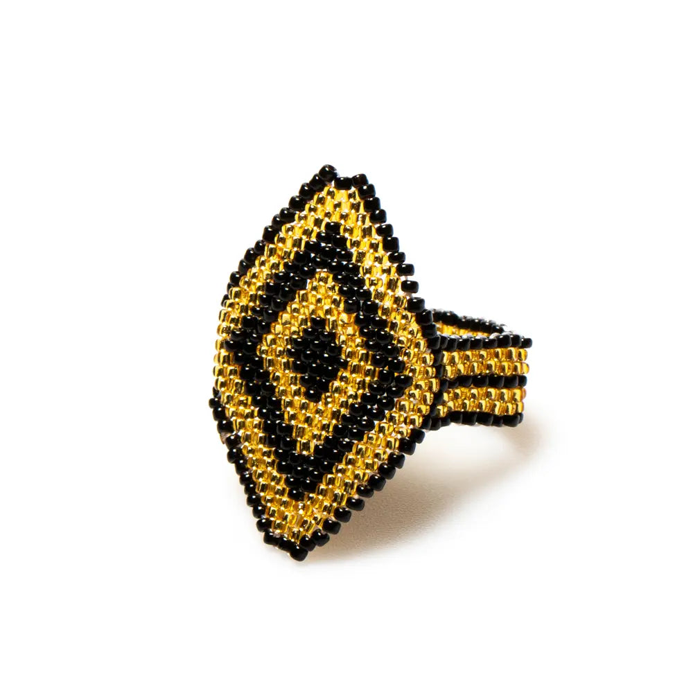 Beaded Aztec ring featuring tribal-inspired design and colorful beads, crafted by Suzie Blue Canada.