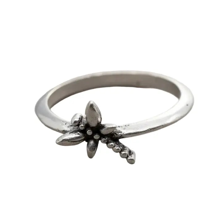 Silver plated dragonfly ring with an elegant, unique design by Suzie Blue Canada, showcasing detailed dragonfly motif on a sleek band.