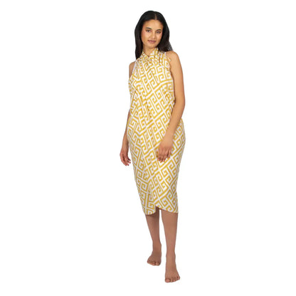 Yellow geometric print sarong by Suzie Blue Canada, featuring a stylish design perfect for summer beachwear.