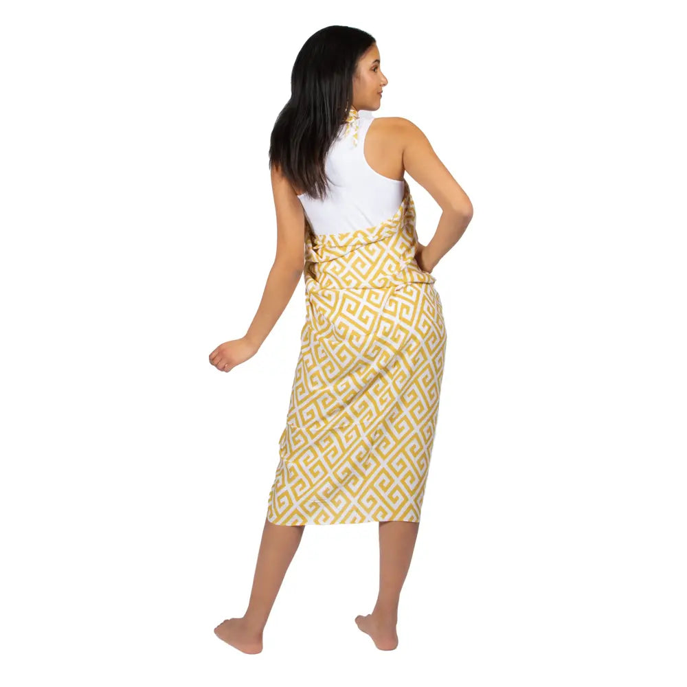 Yellow geometric print sarong by Suzie Blue Canada, featuring a trendy summer style with vibrant patterns and lightweight fabric.