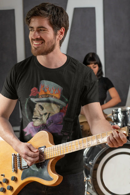 Black Poison Greatest Hits T-Shirt by Little Guitars featuring a man playing guitar, ideal for rock music fans.