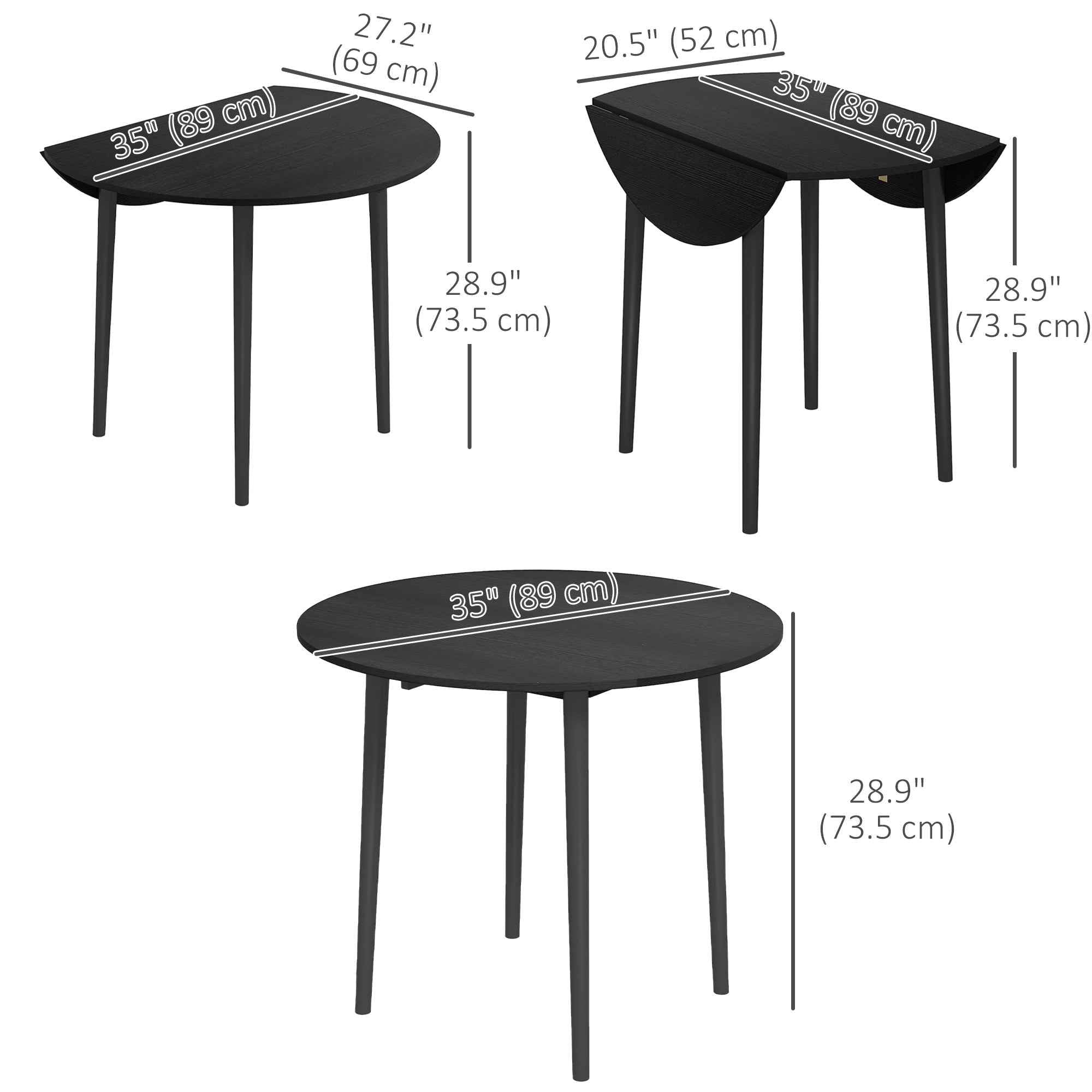 Merrill Round Drop-Leaf/Folding Dining Table for Small Spaces-Black