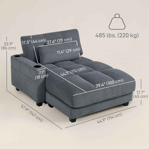 Andi Corduroy Chaise Lounger with 2 Cup Holders-Dark Grey