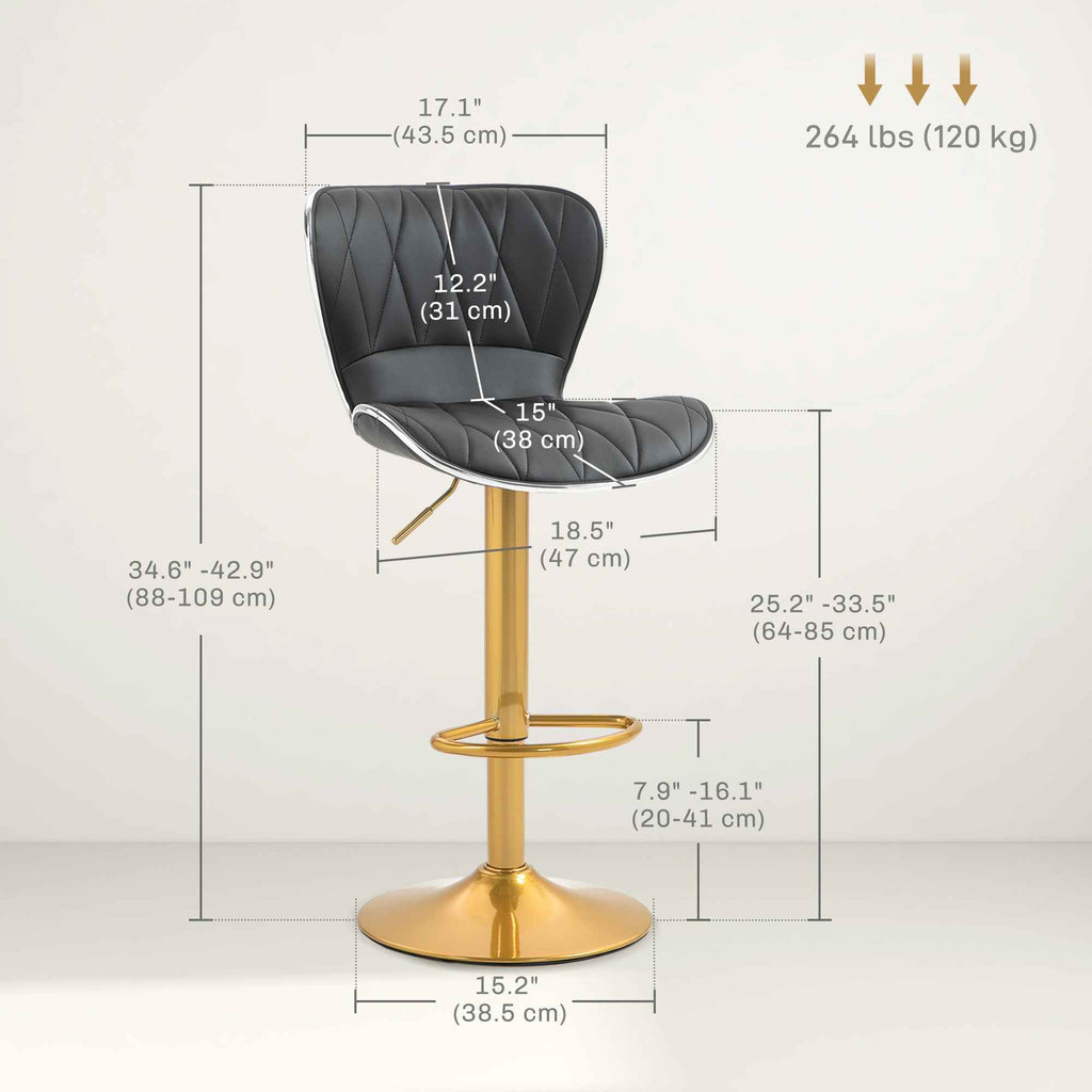 Maxi Counter Height Bar Stools Set of 2-Adjustable Height and Swivel Seat-Black/Gold