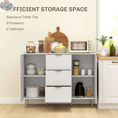 White Ellis Modern Kitchen Cabinet with 3 drawers from SLOTH Nation, stylish buffet or hallway storage cabinet.