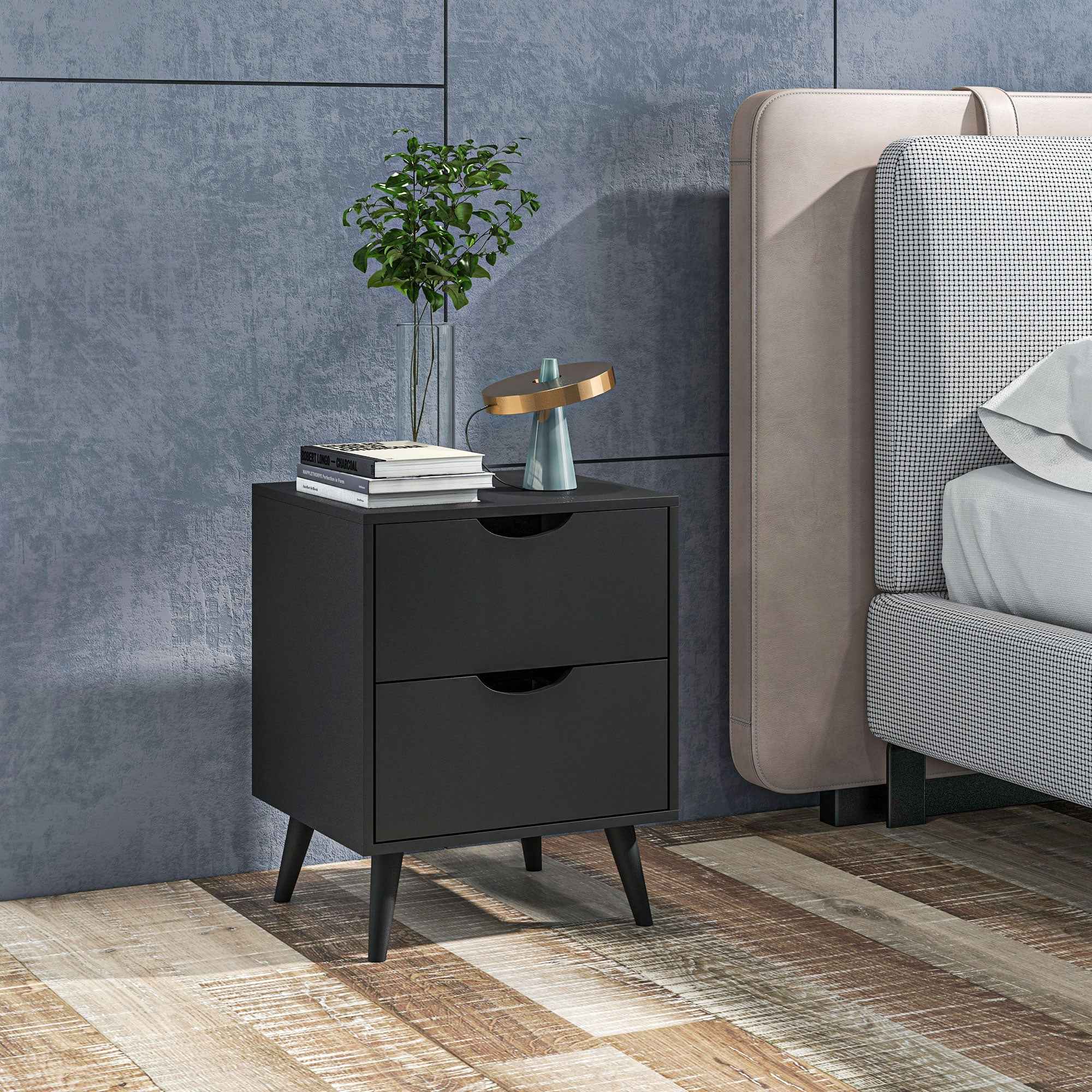 Jesse Nightstand with 2 Drawers and Pine Wood Legs-Black