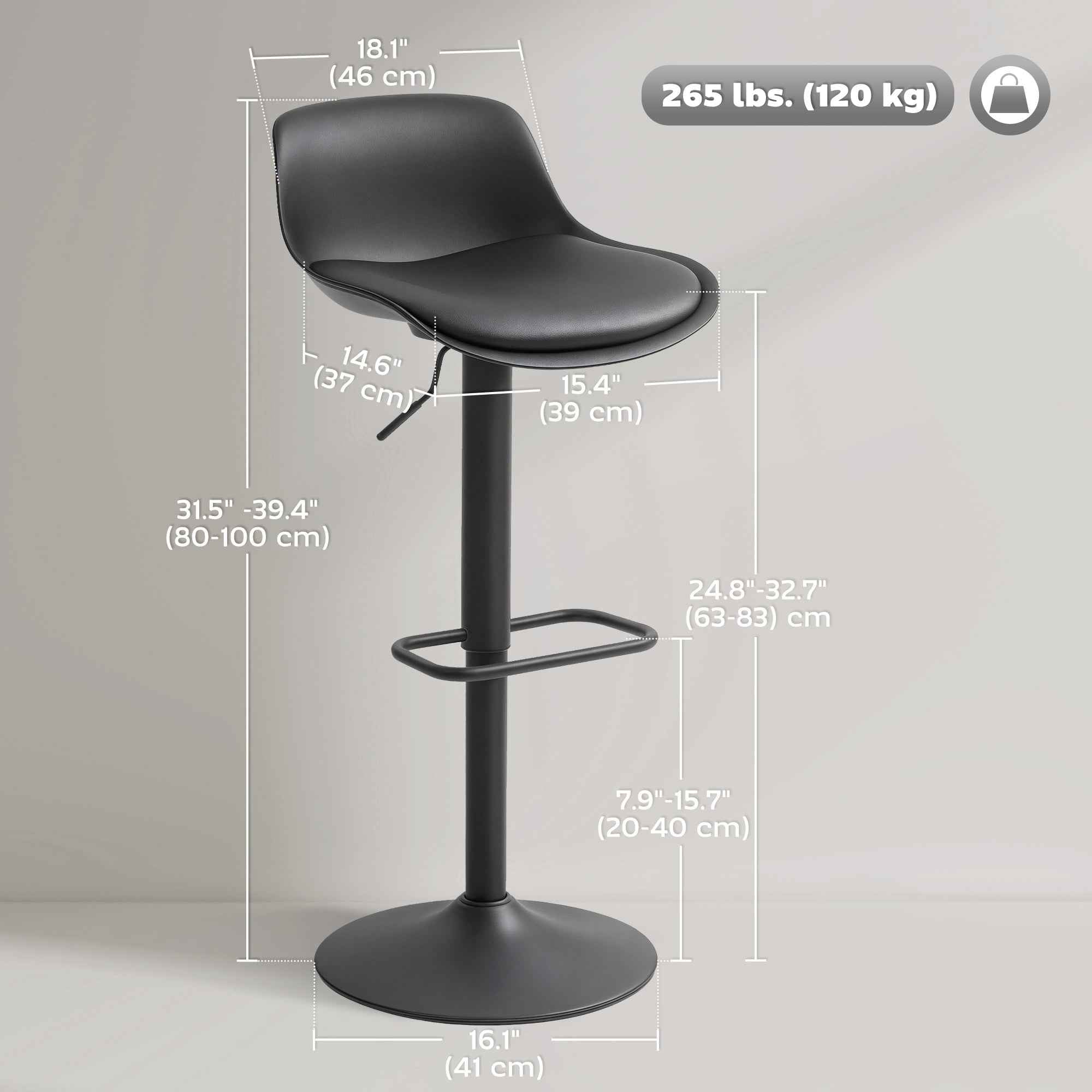 Zee Counter Height/Bar Stools Set of 2 with Adjustable Height and Swivel Seat-Black