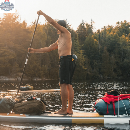 Taiga Board 20L dry bag with adjustable carbon paddle, waterproof water sports accessory for secure gear storage