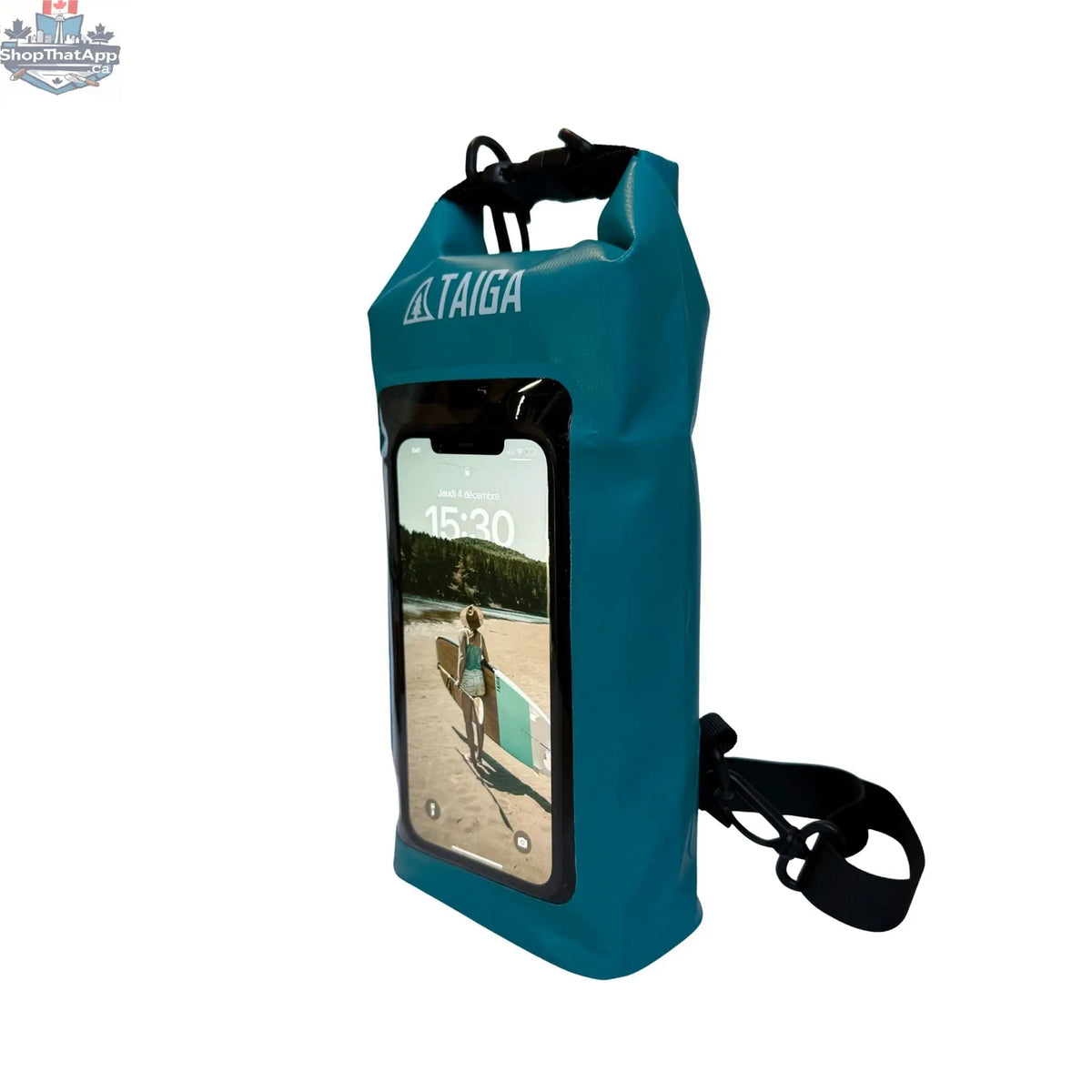 Taiga Board waterproof phone dry bag in 2L size, clear plastic with adjustable strap for secure waterproof protection.