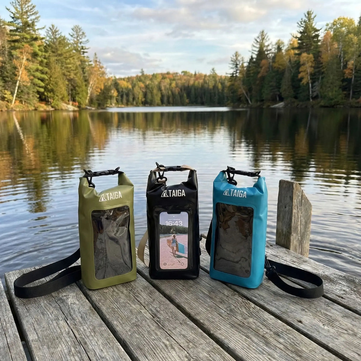 Taiga Board waterproof phone dry bag, 2L, in vibrant color, designed to protect smartphones from water during outdoor activities.
