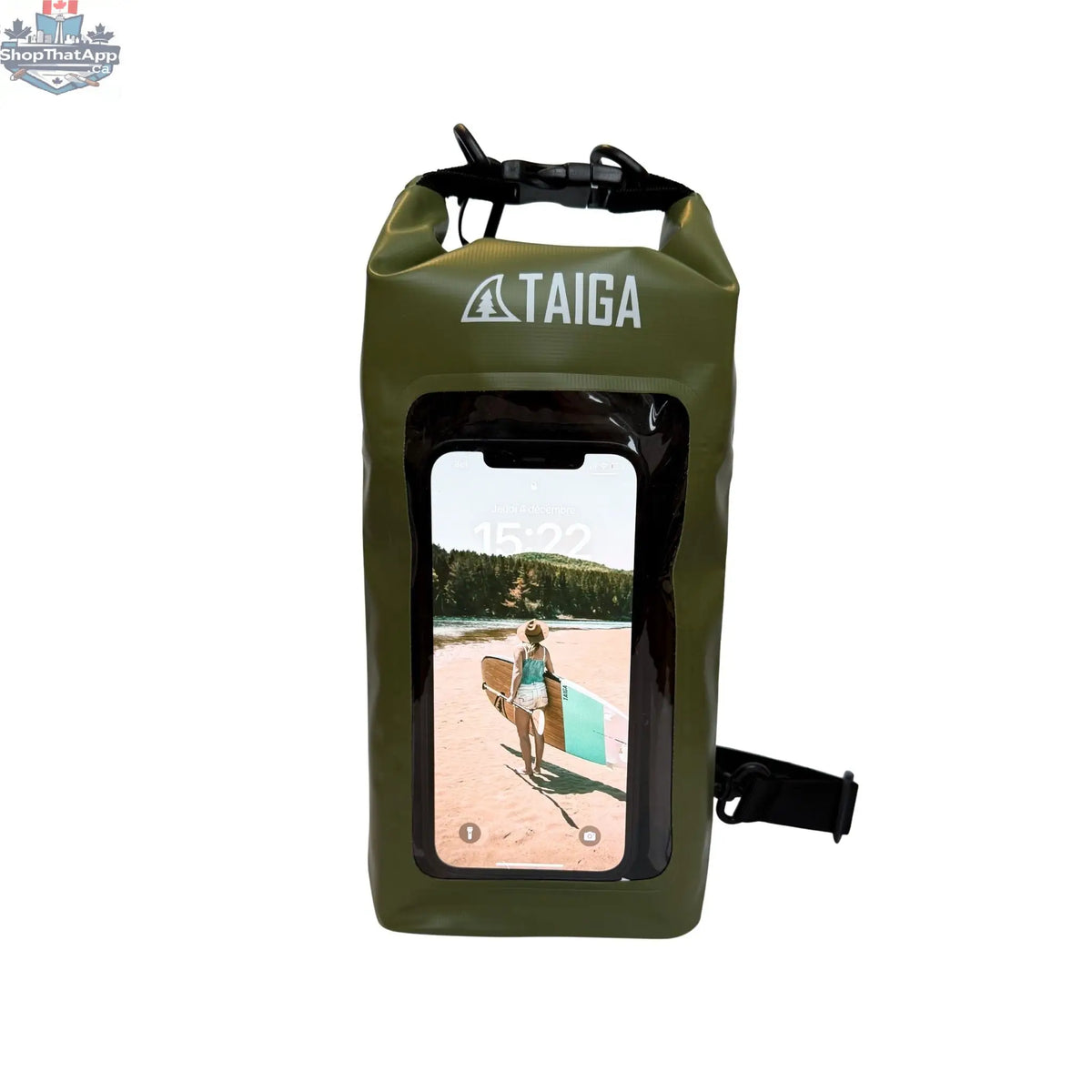 Taiga Board waterproof phone dry bag in 2L size, showcasing its durable waterproof design and secure closure for outdoor use.