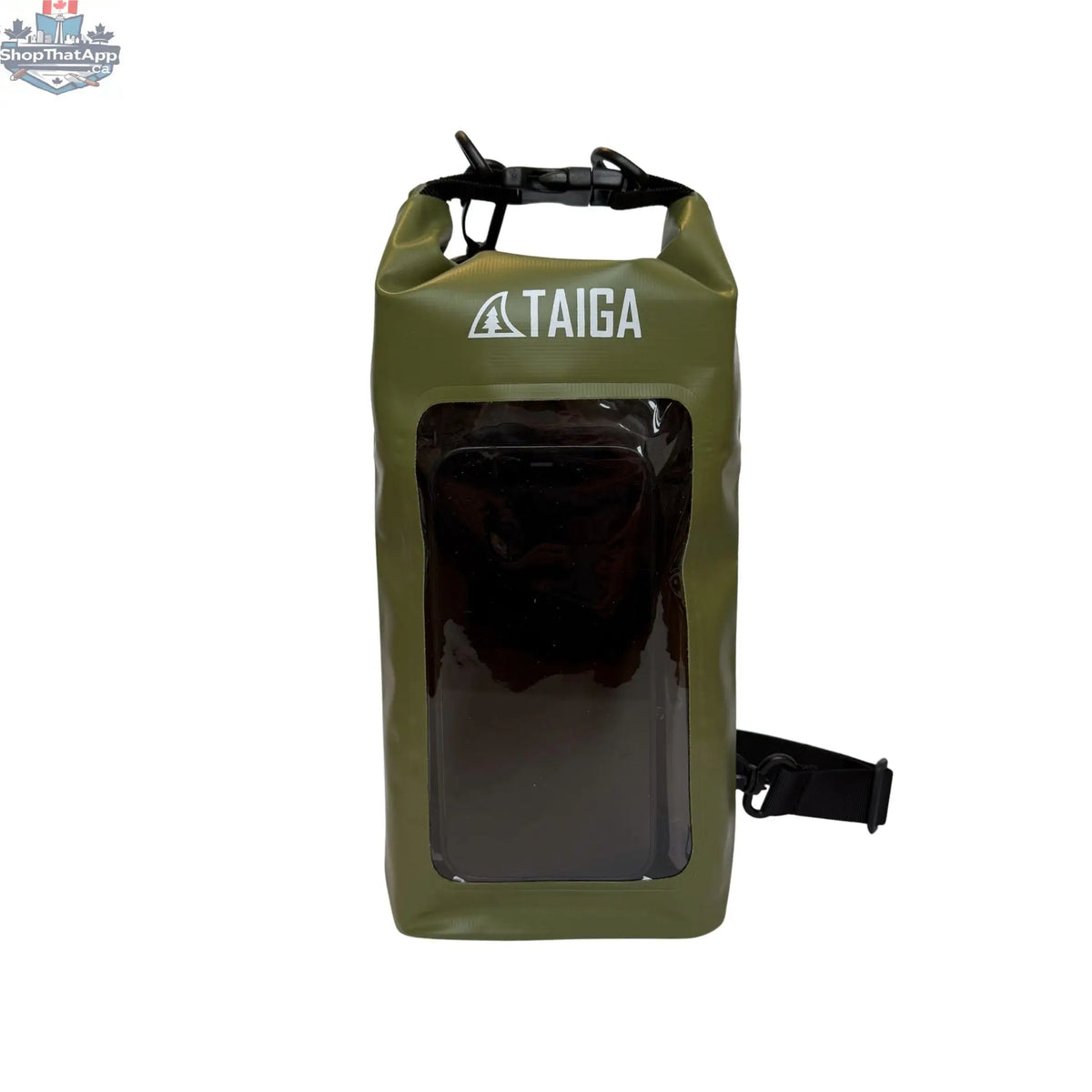 Taiga Board waterproof phone dry bag 2L in clear, waterproof material with adjustable strap for outdoor protection.