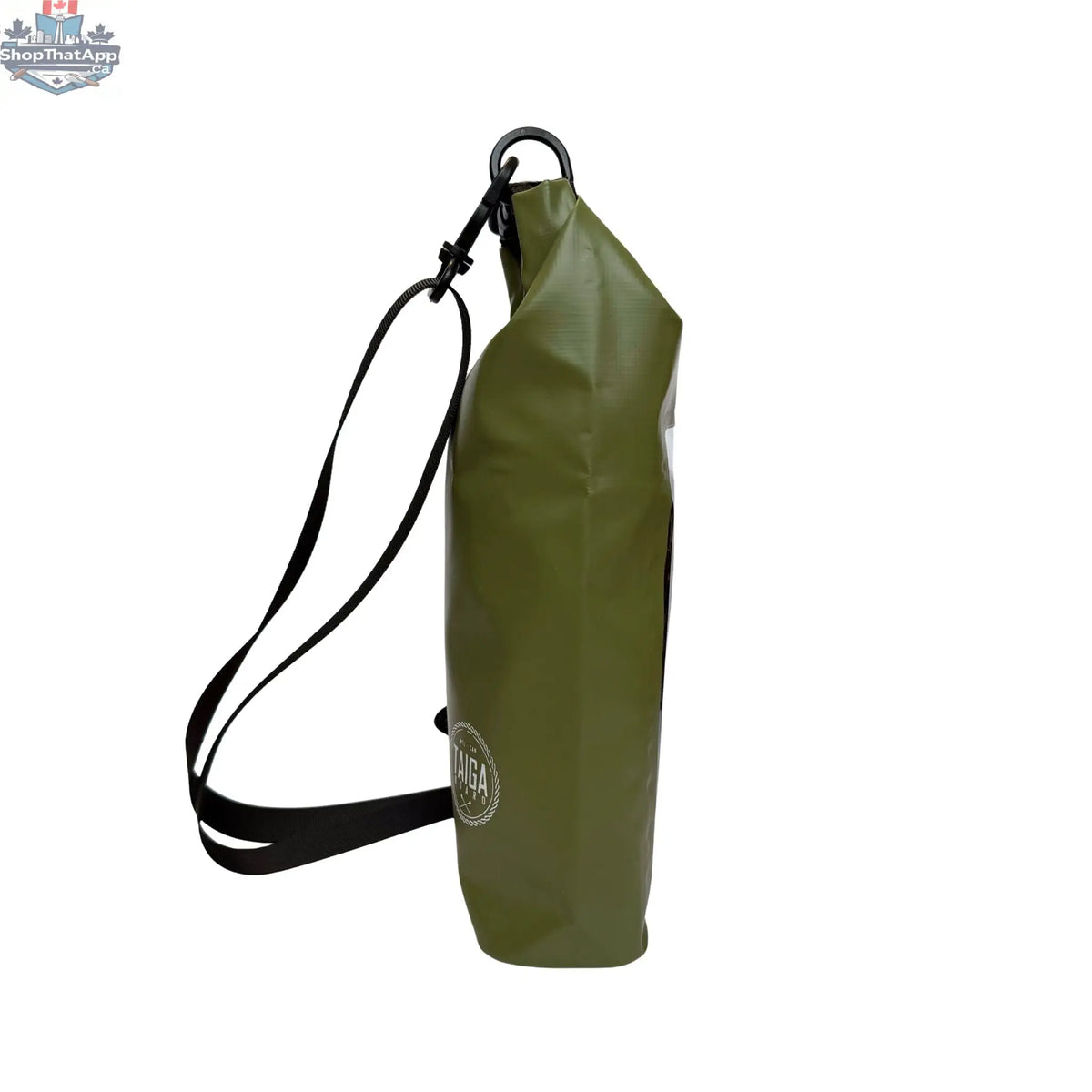 Taiga Board waterproof phone dry bag, 2L capacity, clear plastic exterior with adjustable strap for secure waterproof storage.