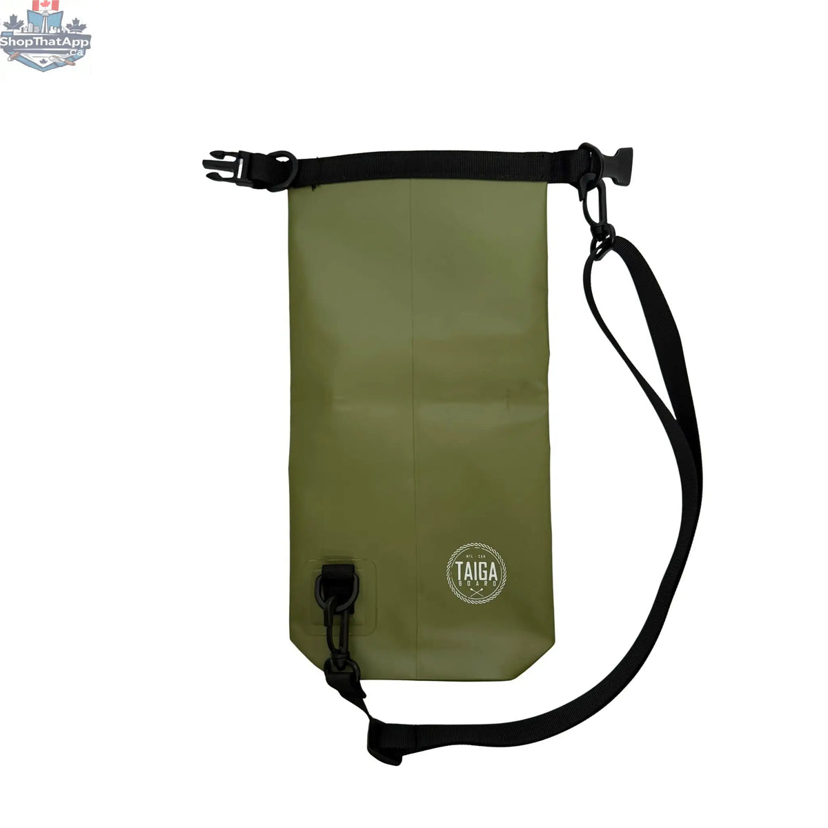 Taiga Board waterproof phone dry bag in 2L size, shown in black with adjustable strap and secure waterproof seal.
