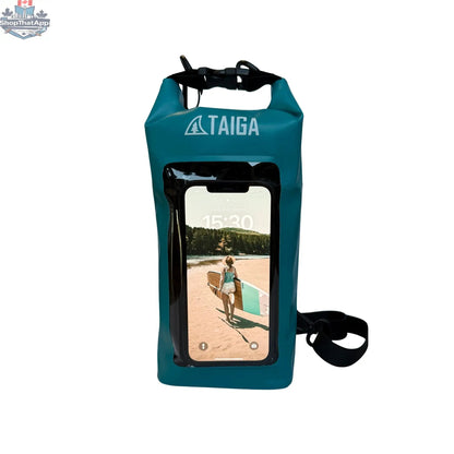 Taiga Board waterproof phone dry bag, 2L, in clear waterproof material with adjustable strap for outdoor protection.