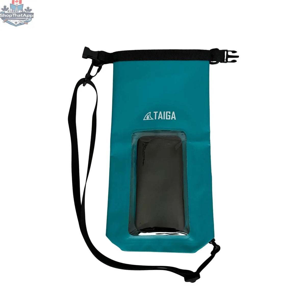 Taiga Board waterproof phone dry bag, 2L, in black, showing the compact, waterproof design suitable for outdoor activities and water protection.