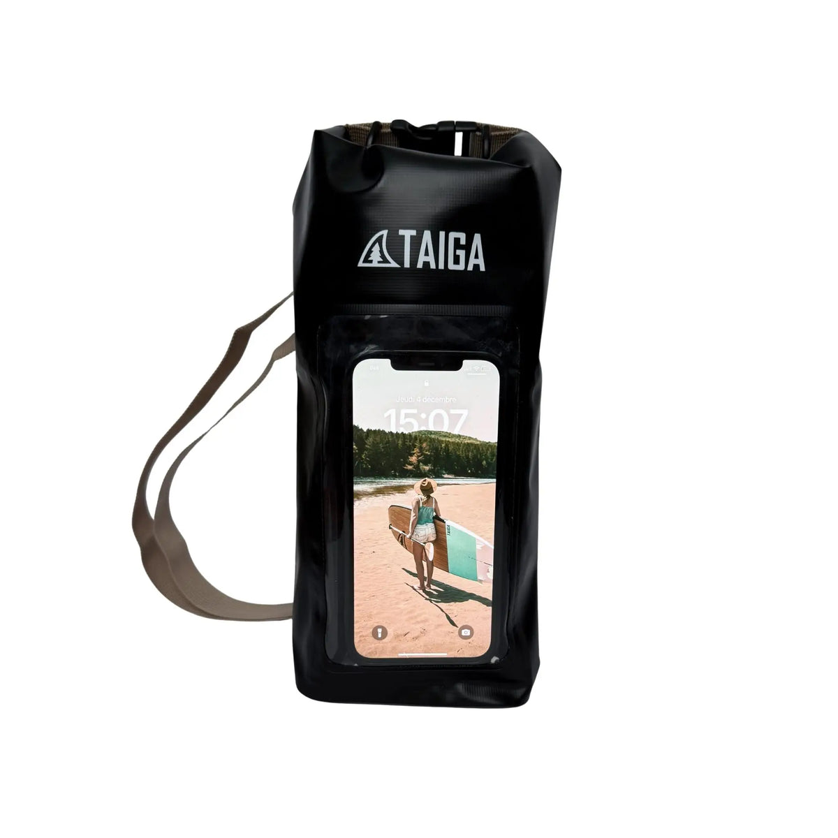 Taiga Board waterproof phone dry bag in 2L size, clear waterproof accessory for protecting smartphones from water.