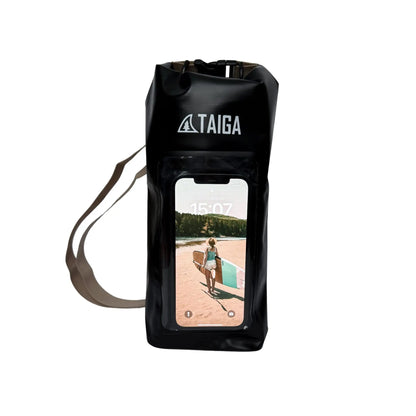 Taiga Board waterproof phone dry bag in 2L size, clear waterproof accessory for protecting smartphones from water.