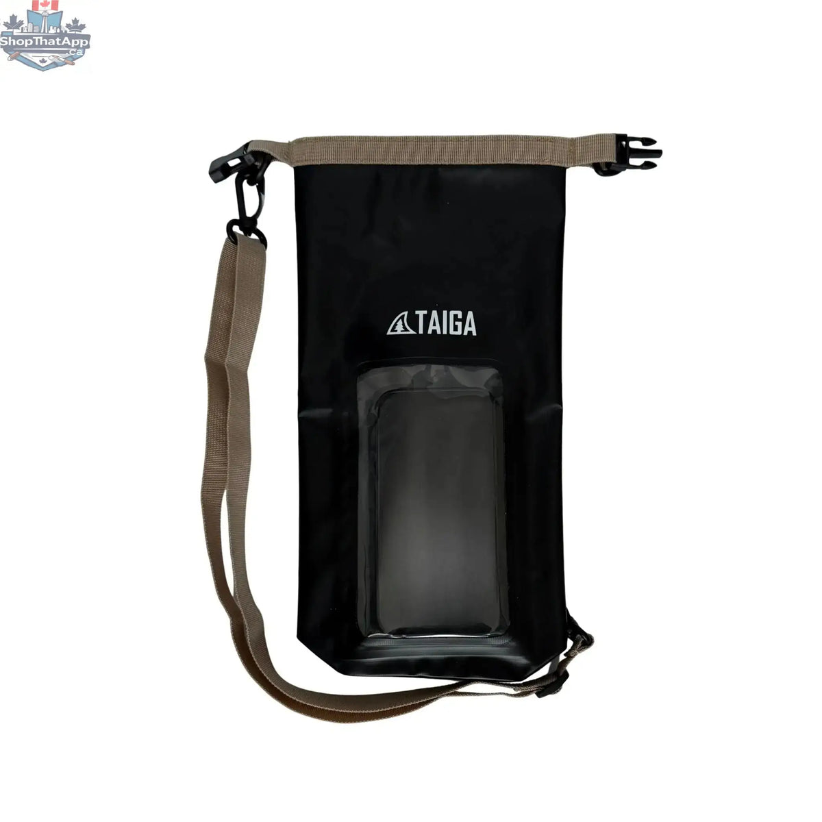 Taiga Board waterproof phone dry bag, 2L, made of durable material, showing the sealed closure and compact design for water protection.